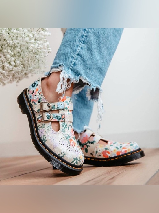 Dr. Martens Shoes - Dr. Martens 8065 Floral Mash Up Mary Jane Parchment Beige Sz 9 Womens